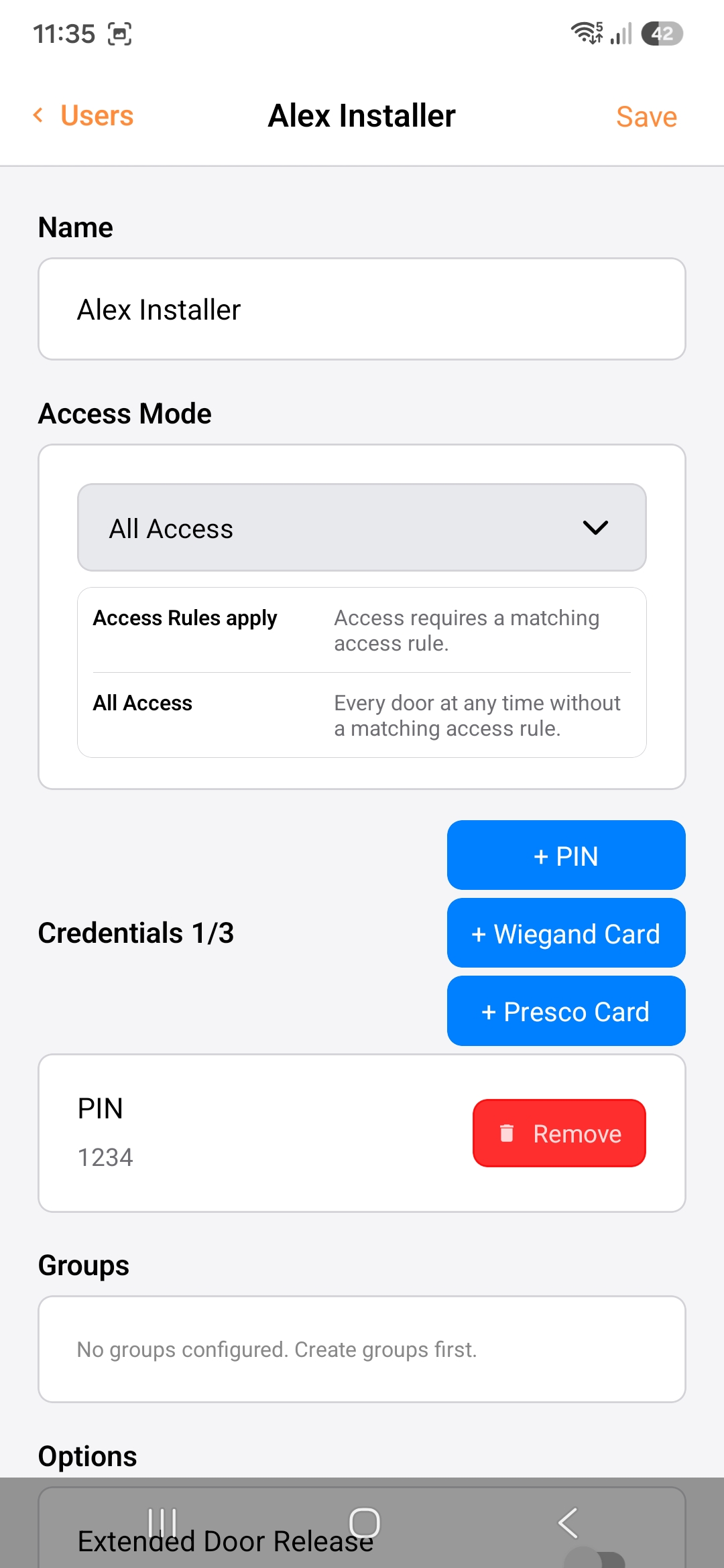 A new access user configured with All Access and a PIN