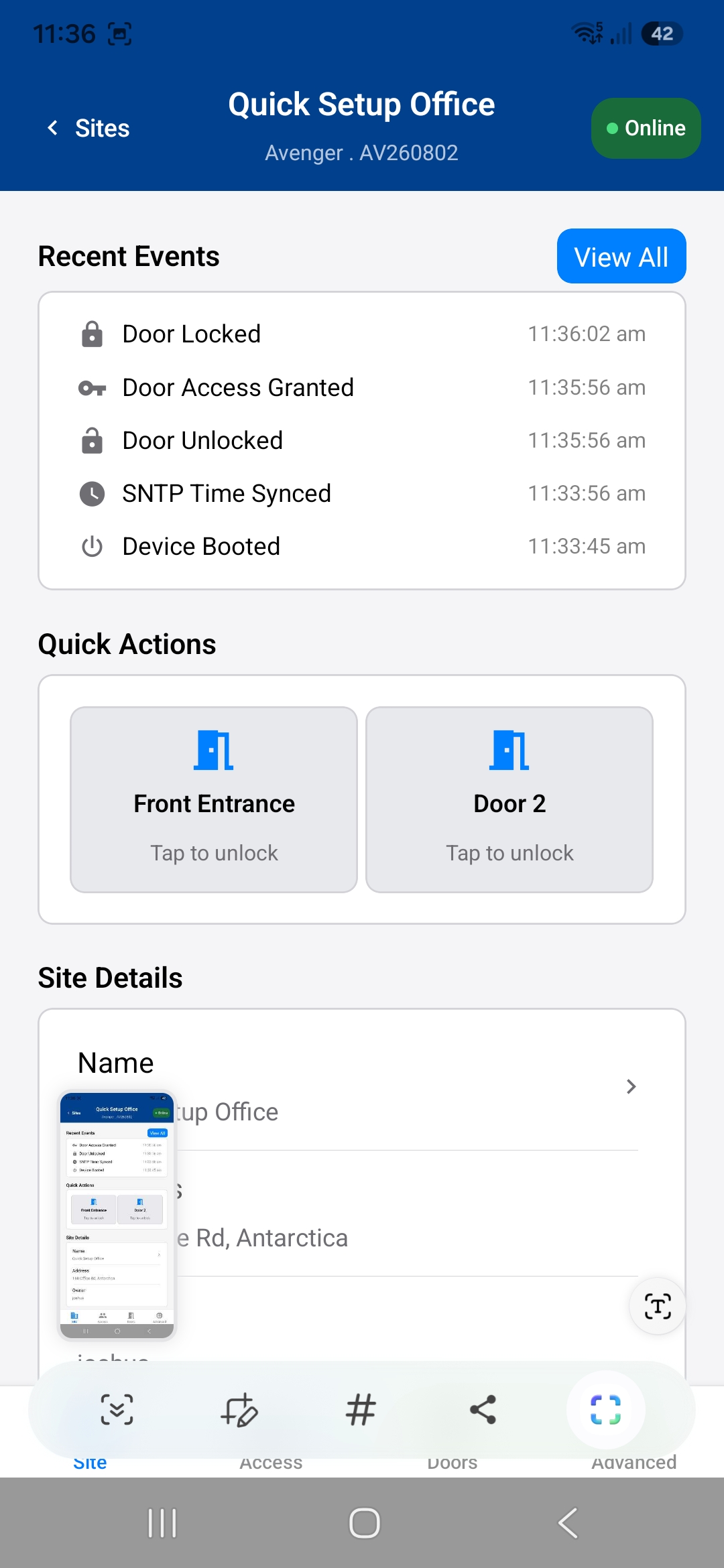 Recent events showing that PIN access was granted and the door unlocked