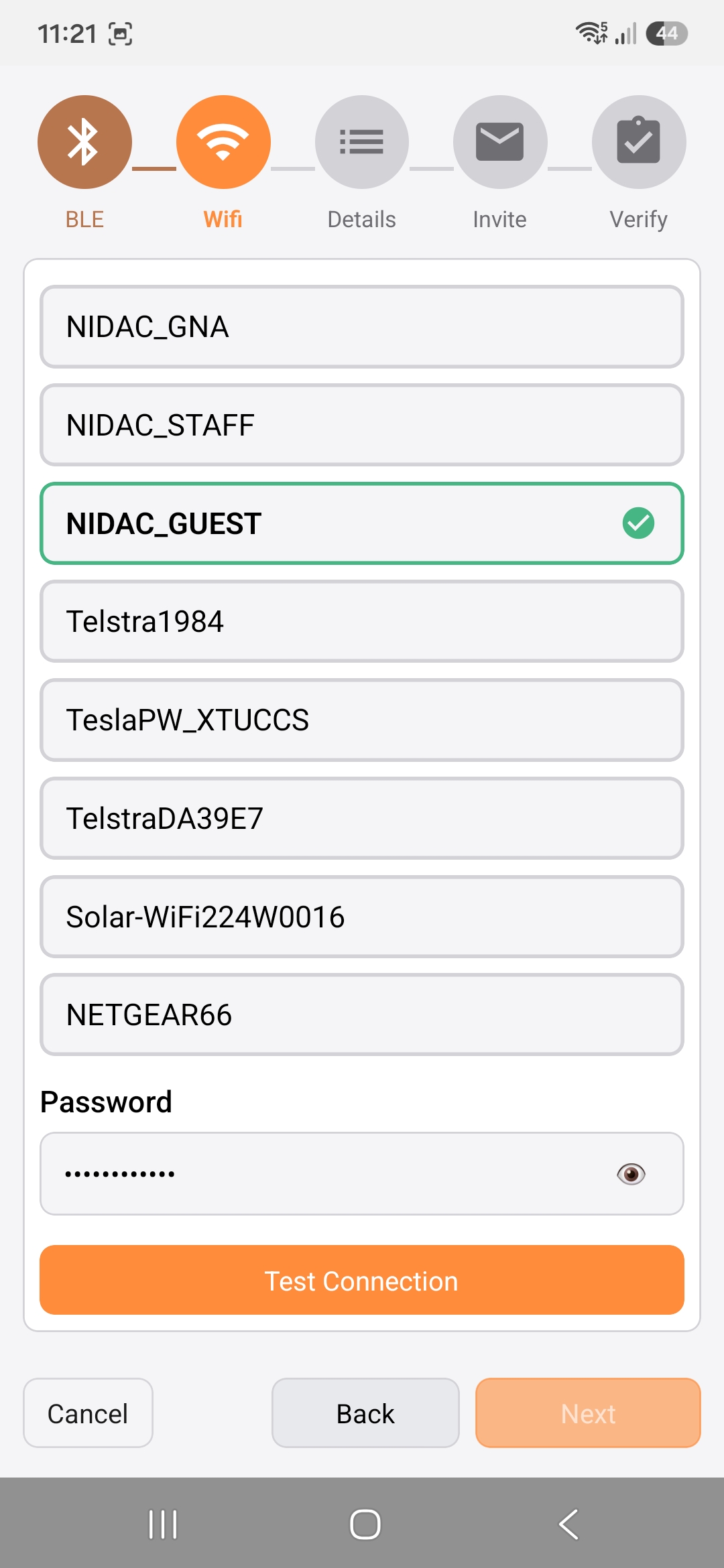 The Wi-Fi network and password fields in the Gravity mobile app