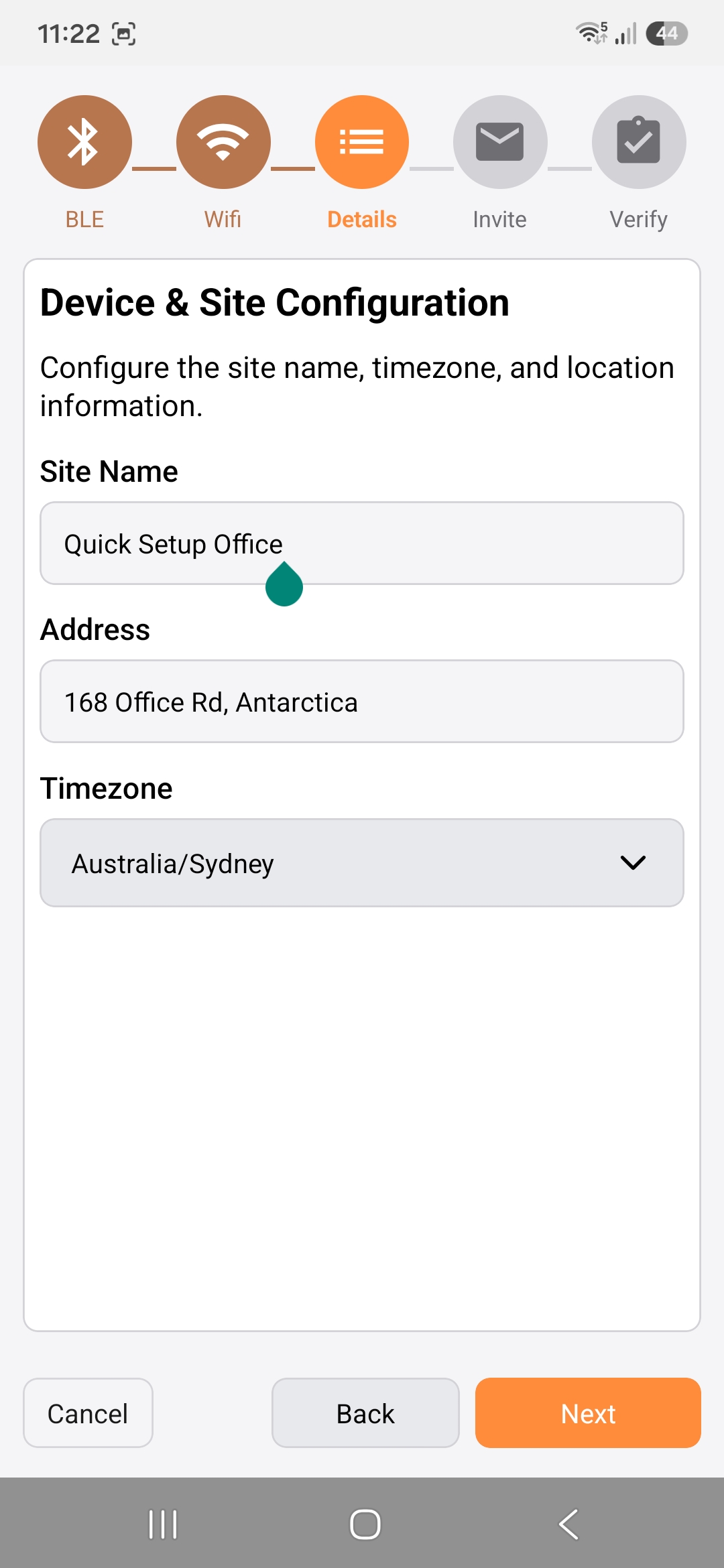 Device and site configuration fields in the Gravity mobile app