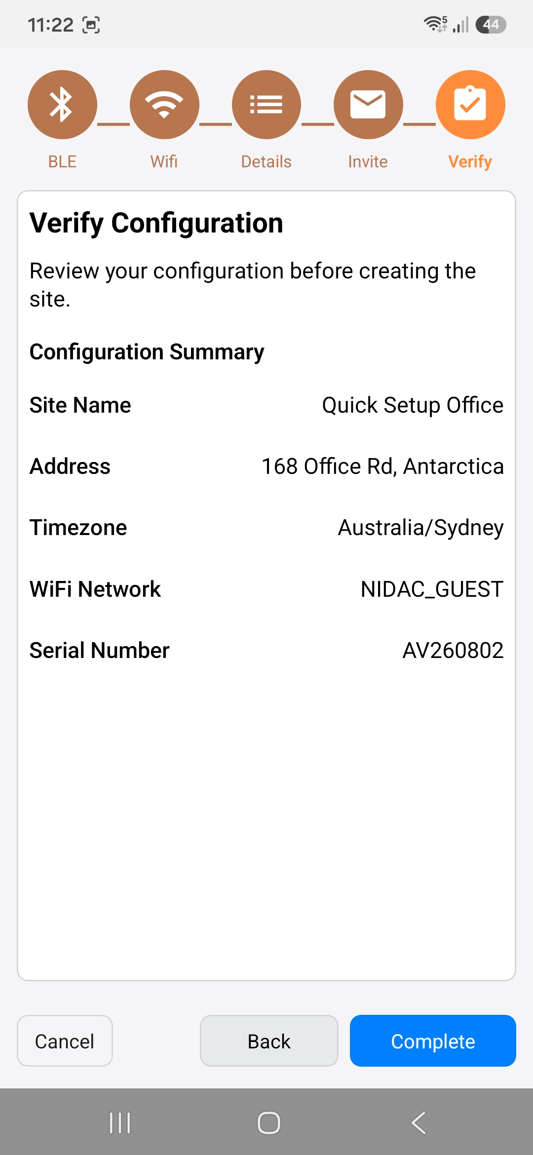 The Avenger configuration summary in the Gravity mobile app