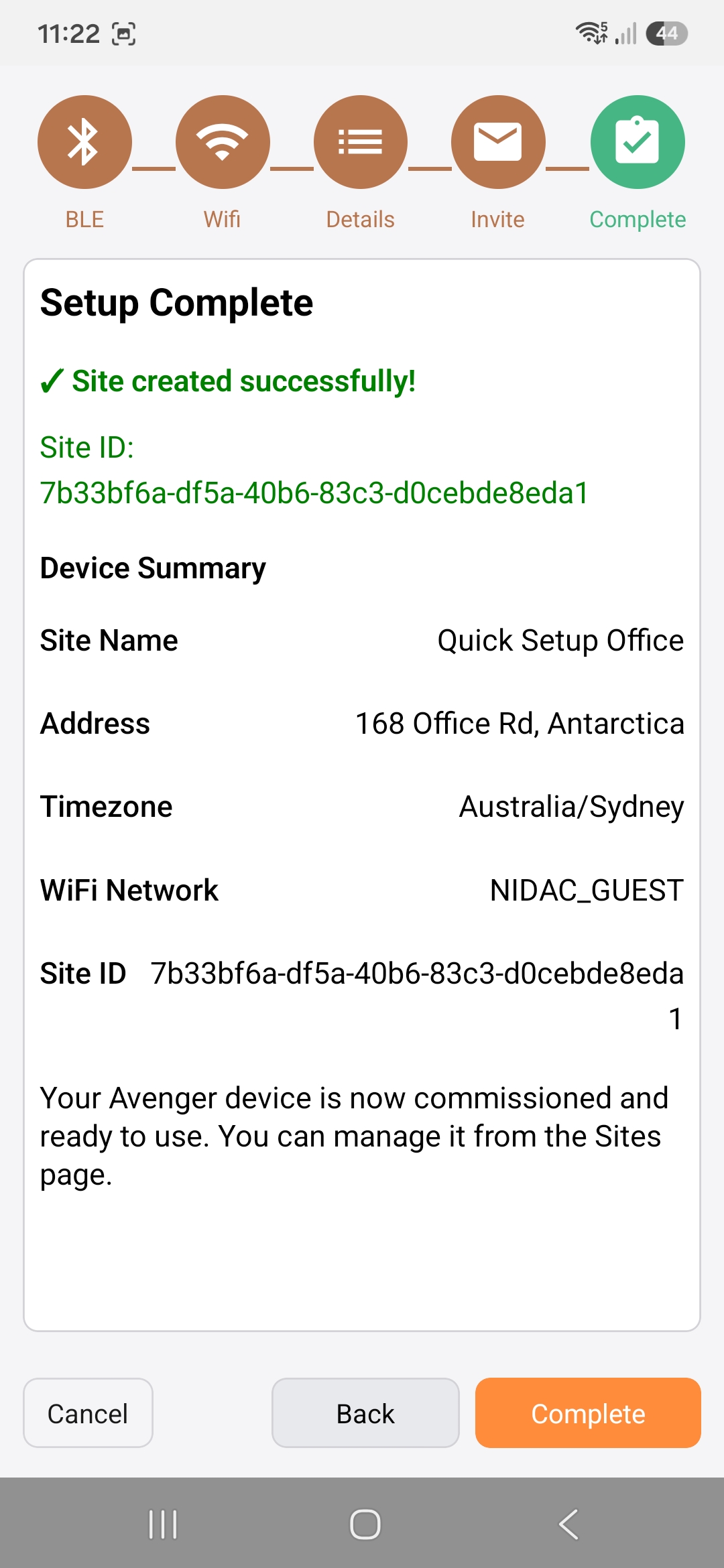 The Gravity app confirming that Avenger setup completed successfully