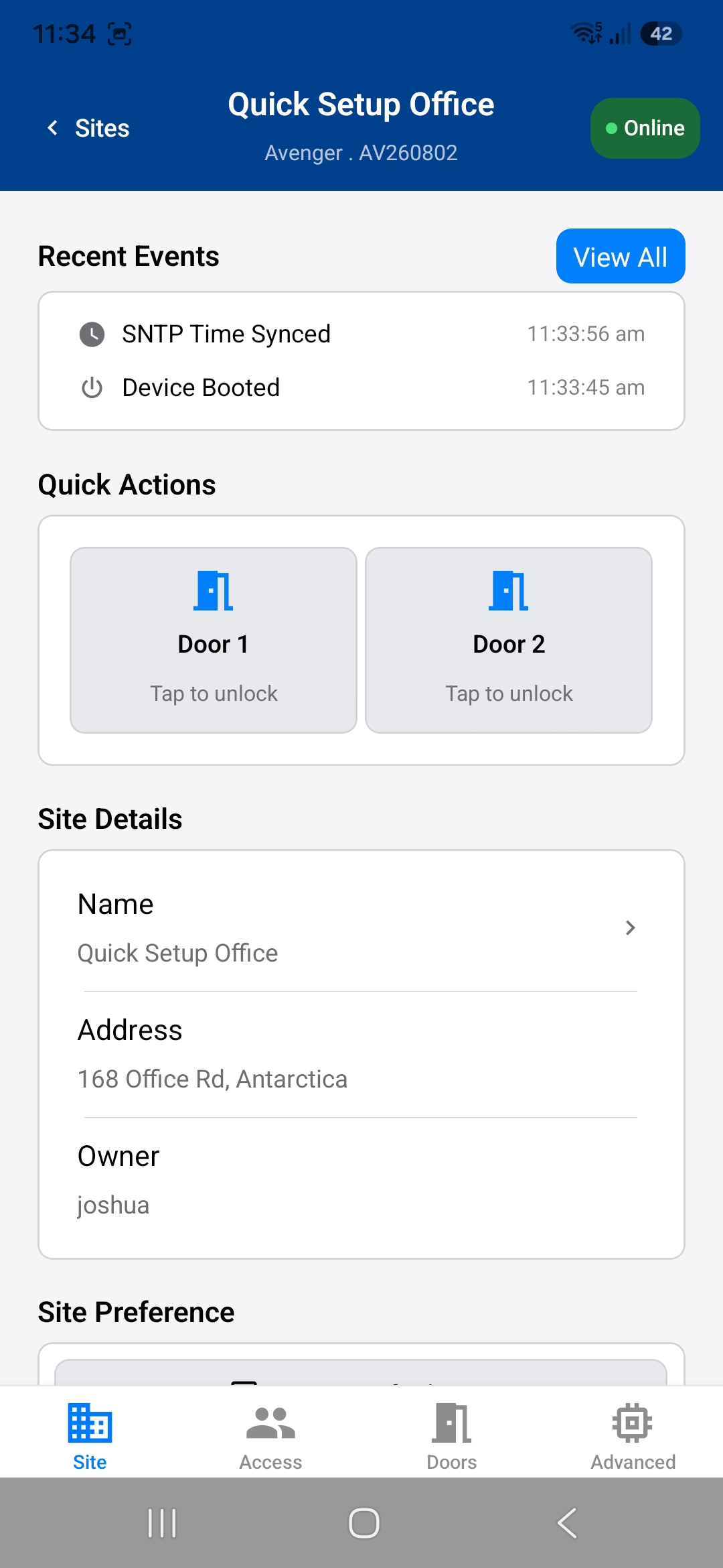 The Avenger site home screen with the Doors tab in the bottom navigation