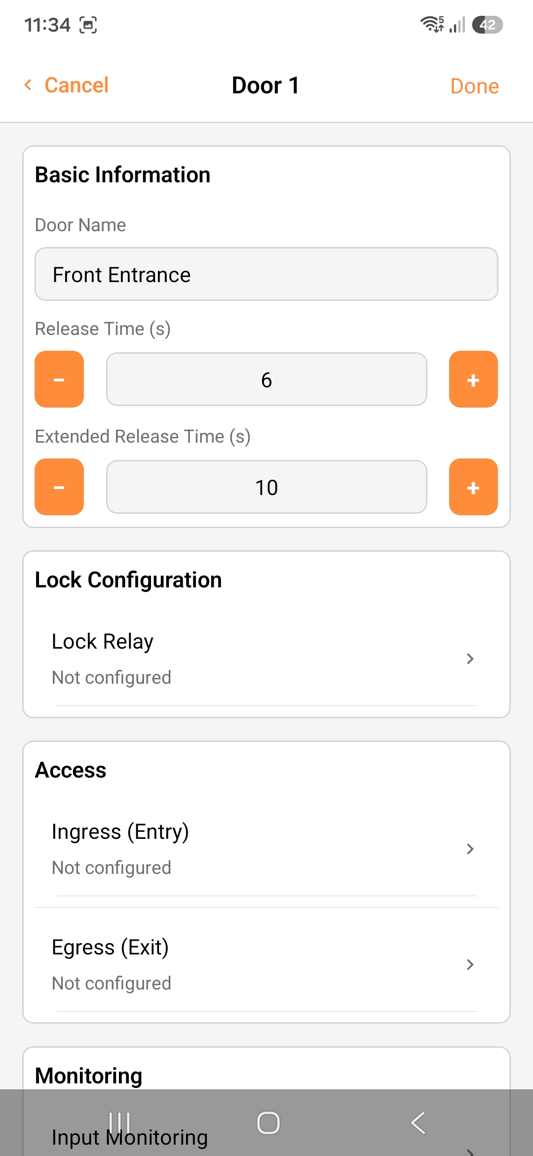 Door 1 configured with a lock relay and ingress reader