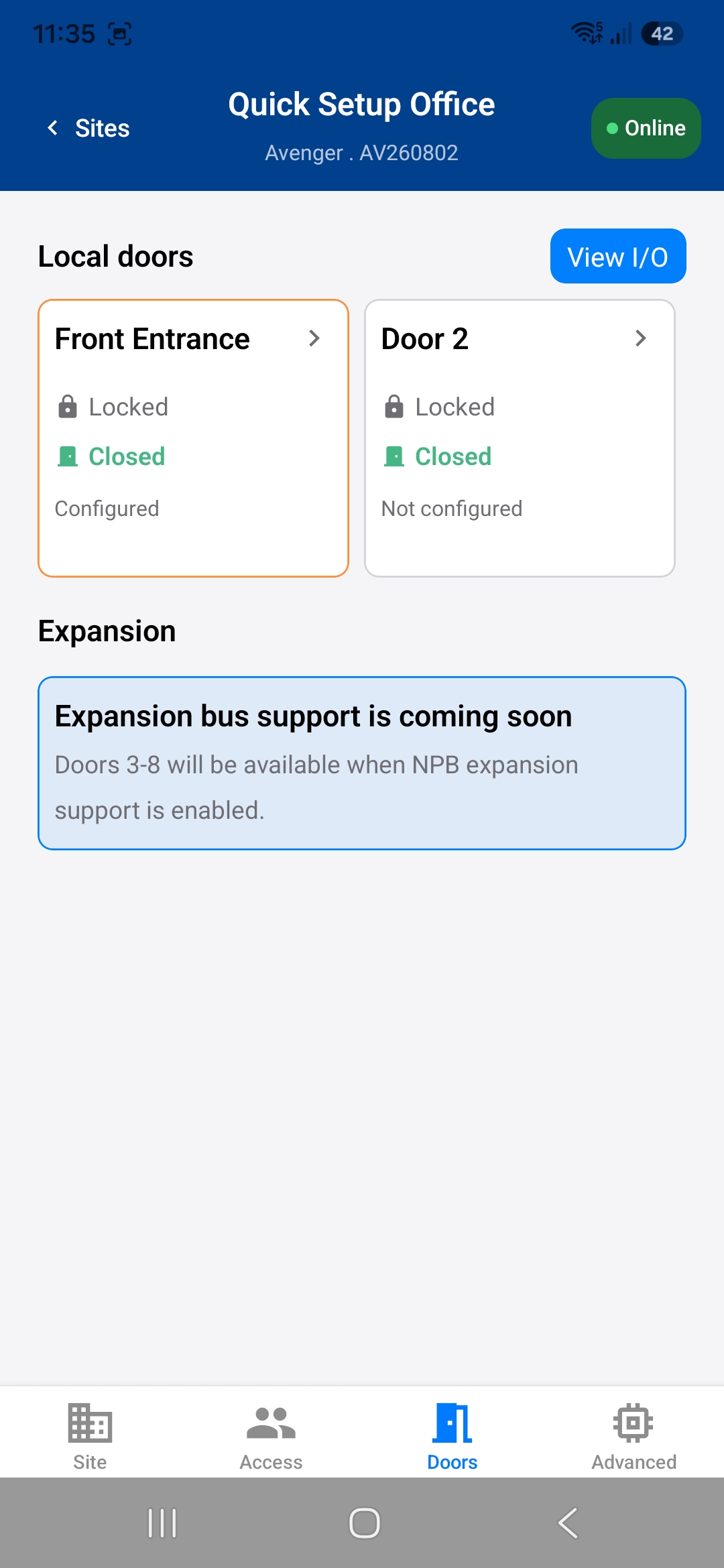 The Doors screen showing Front Entrance as configured